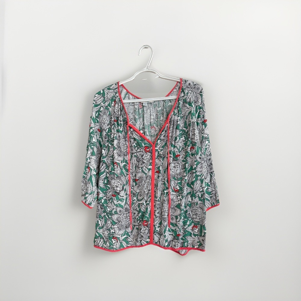 Boden Top Green Floral Print US 18 Pink Trim Womens Blouse 3/4 Sleeves - Picture 3 of 7